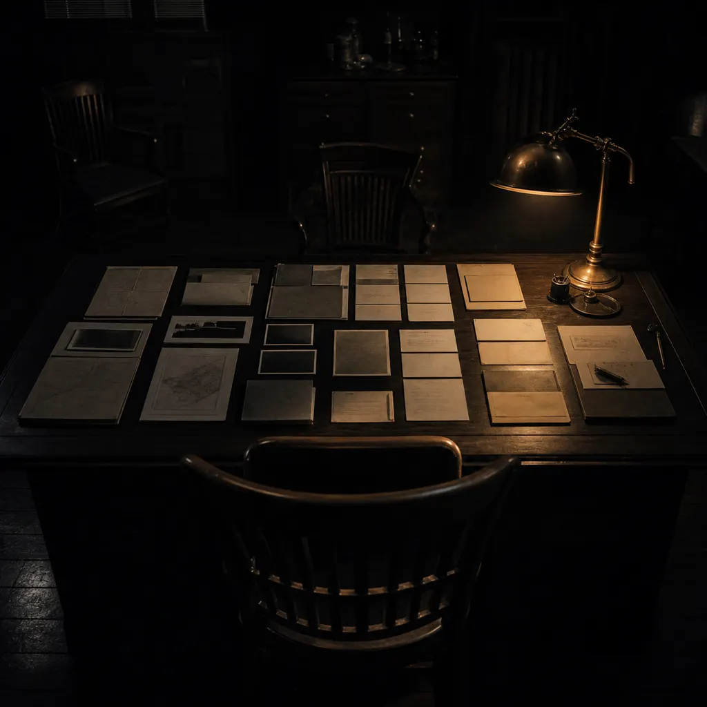 A single chair pulled up to a desk of spread evidence, one lamp lit