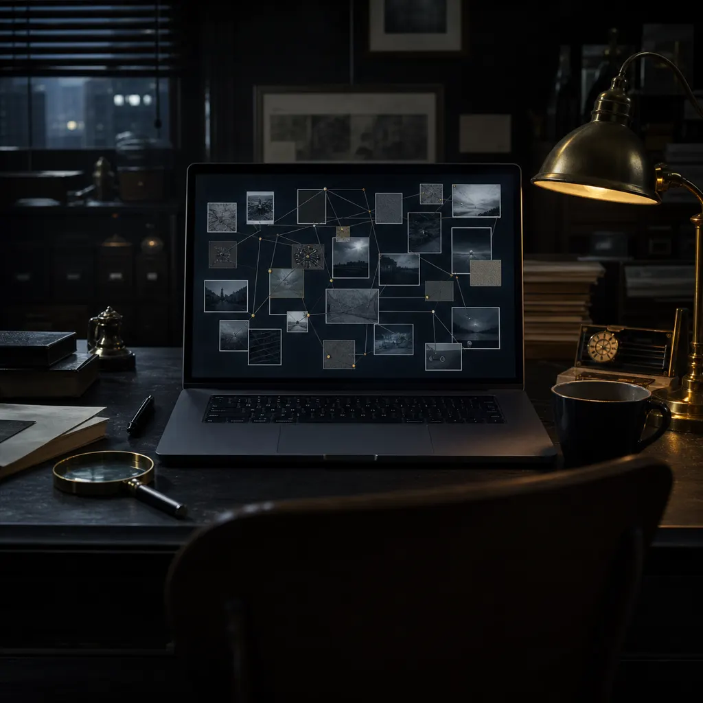 A laptop displaying an abstract evidence board on a dark investigator's desk