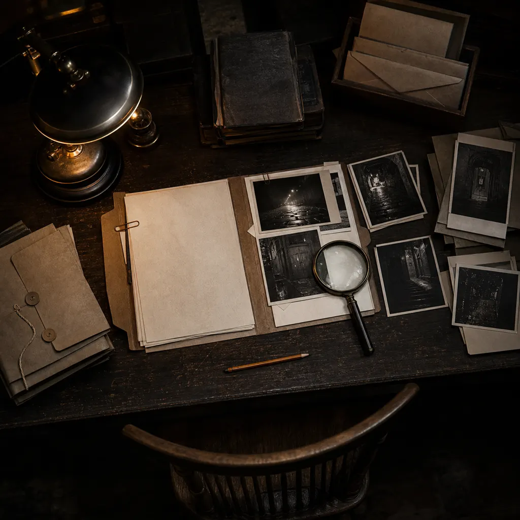A solo investigator's table with an open case file, photographs, envelopes and a magnifying glass