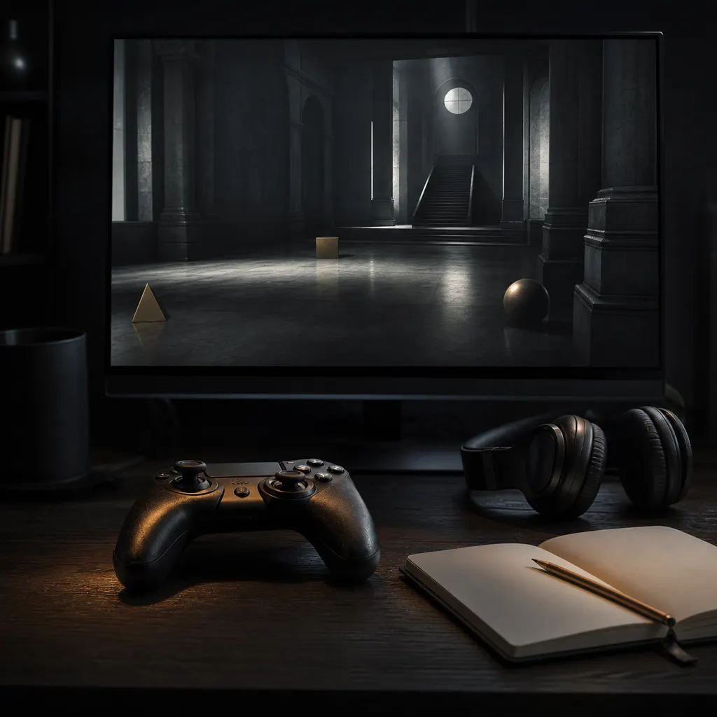A game controller, headphones and notebook in front of a digital investigation scene