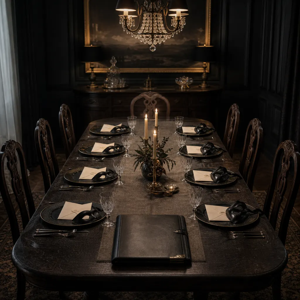 A dining table set for eight guests with character envelopes and masks at each empty place