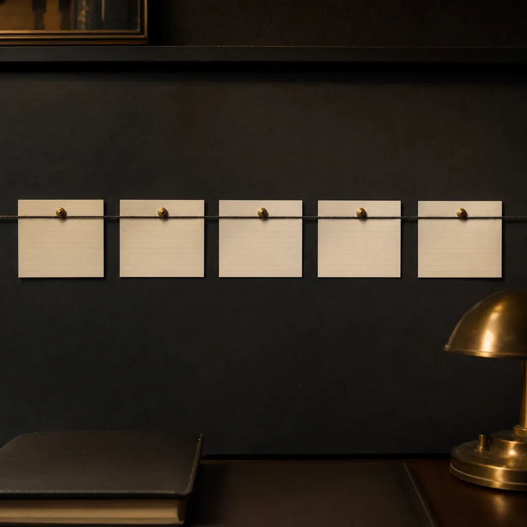 A desk with an ordered timeline of index cards, a lamp and a closed notebook