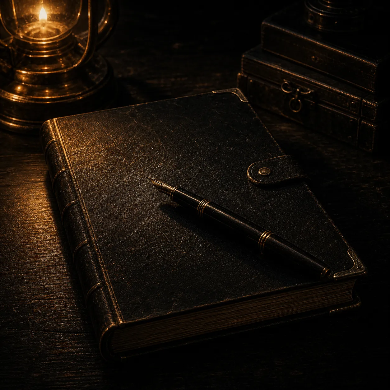A closed leather ledger with a pen laid across it on a dark desk