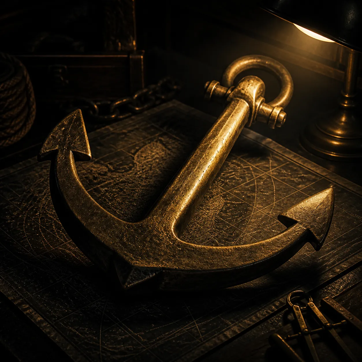 A heavy brass ship's anchor resting on a nautical chart under a single lamp