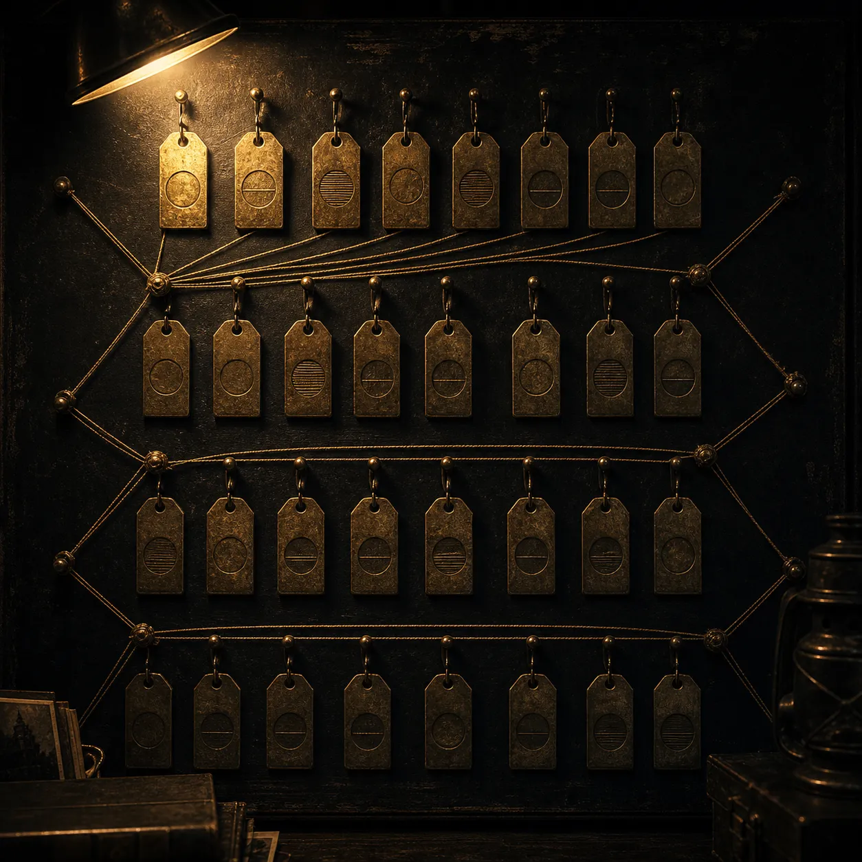 Rows of brass identification tags sorted into groups on a dark board