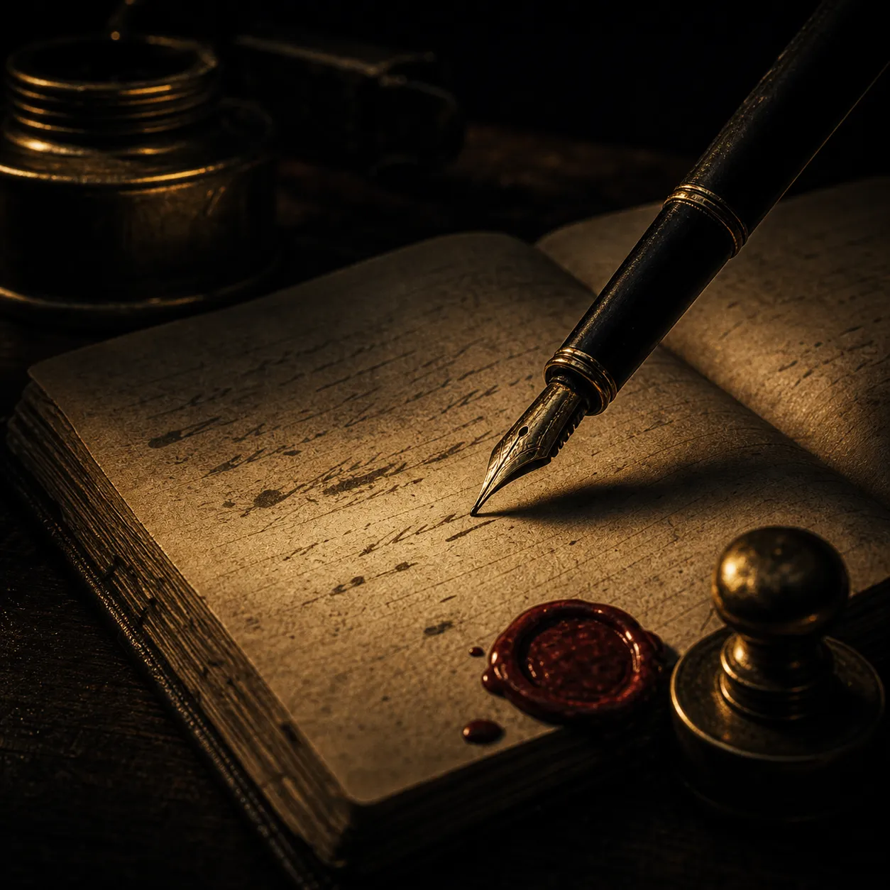 A fountain pen poised over an open ledger beside a red wax seal