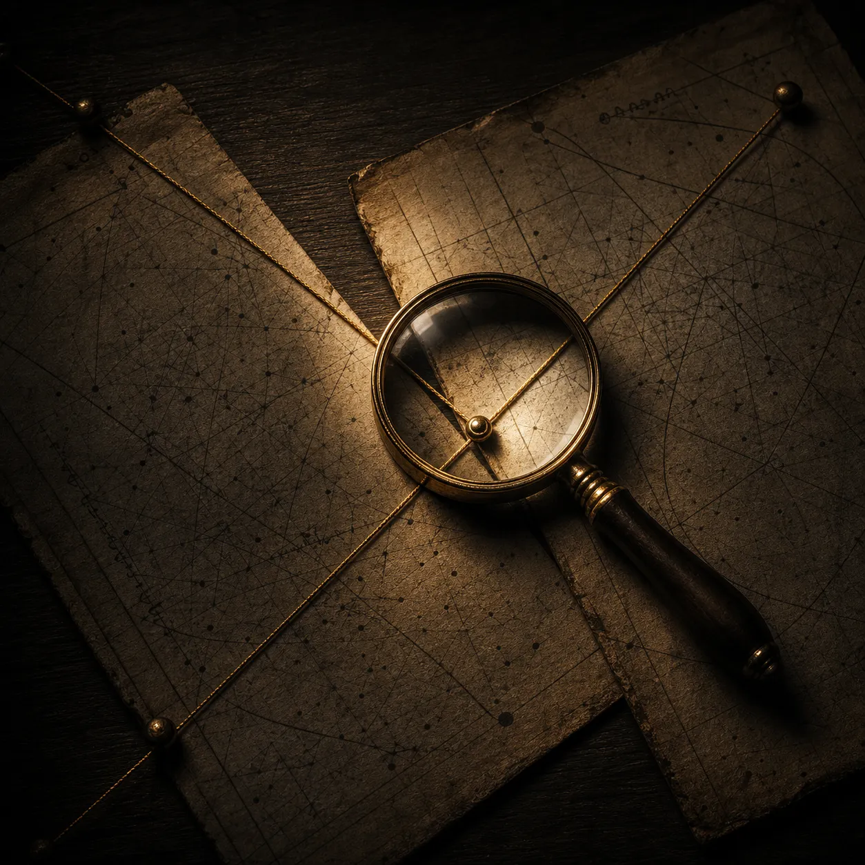 Two overlapping documents joined by a thread beneath a brass magnifying glass