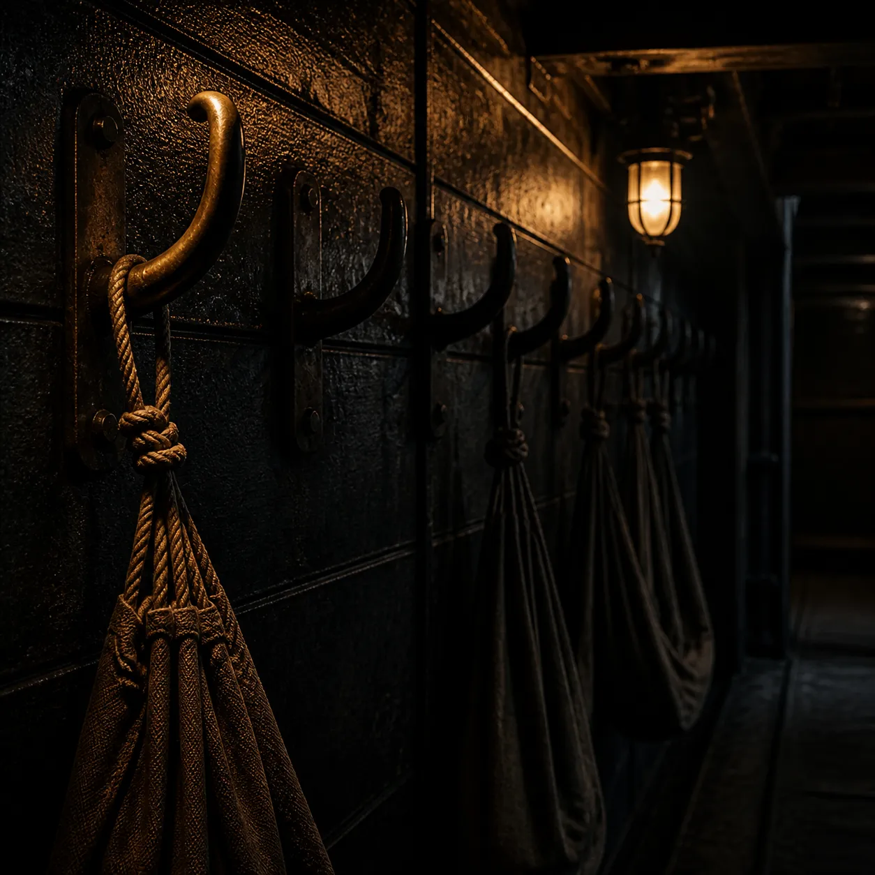 A row of iron ship's berth hooks, most bare in shadow, one lit amber