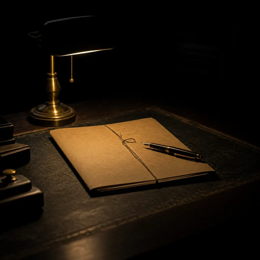 A closed case folder tied with string, set down under a low warm lamp