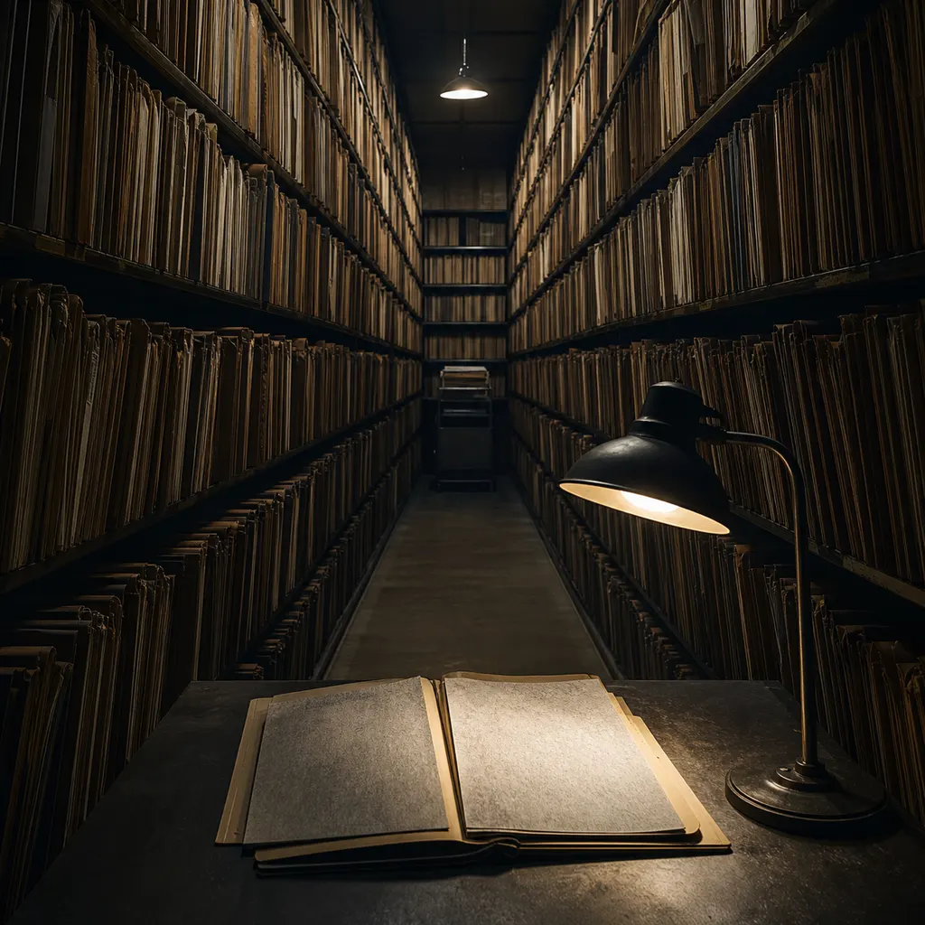 A long aisle of paper case files in a records room, one folder pulled open