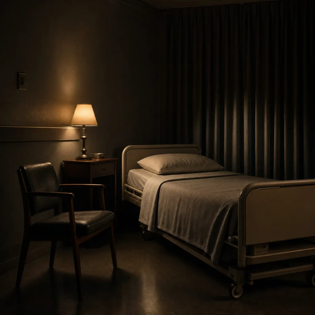 An empty hospital chair beside a made bed, a single lamp burning low
