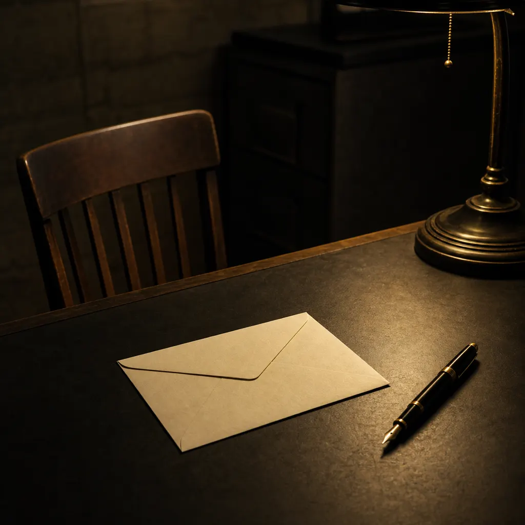A sealed plain envelope and a pen on a bare institutional desk under hard light