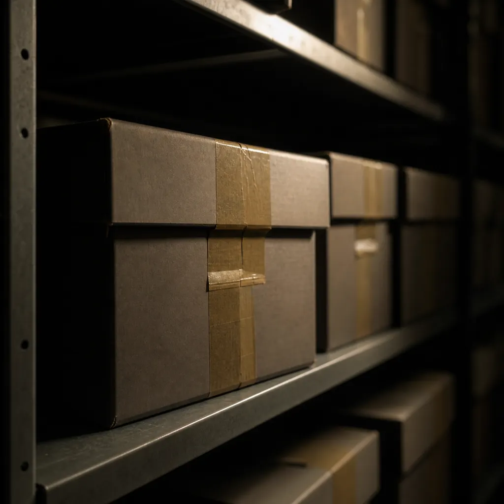 Rows of sealed evidence boxes on metal shelving in a cold storage room