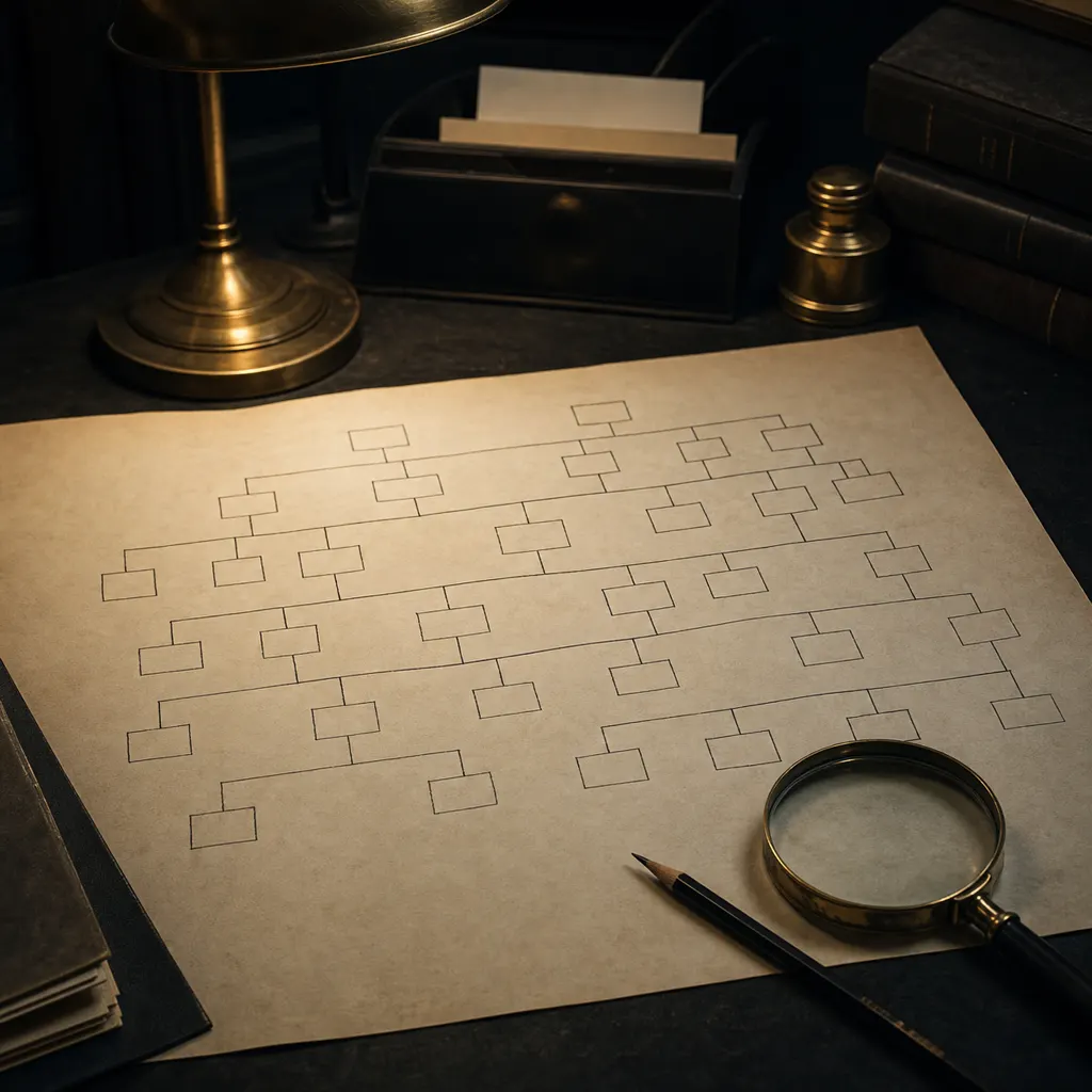 A hand-drawn genealogical chart spread under a desk lamp, branches traced in ink