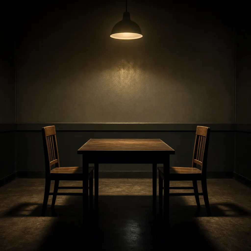 Two empty chairs facing each other across a bare table in a dim interview room