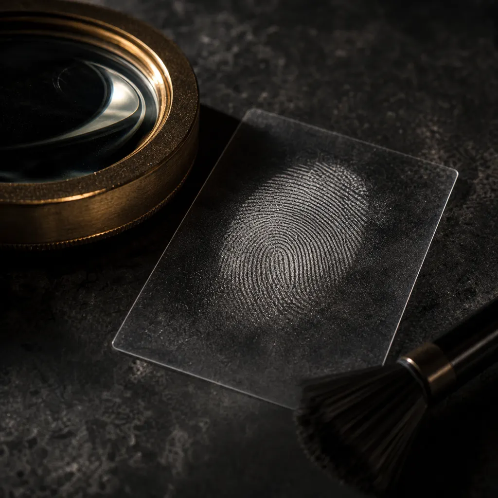A latent fingerprint lifted on a card beside a magnifier on a dark bench