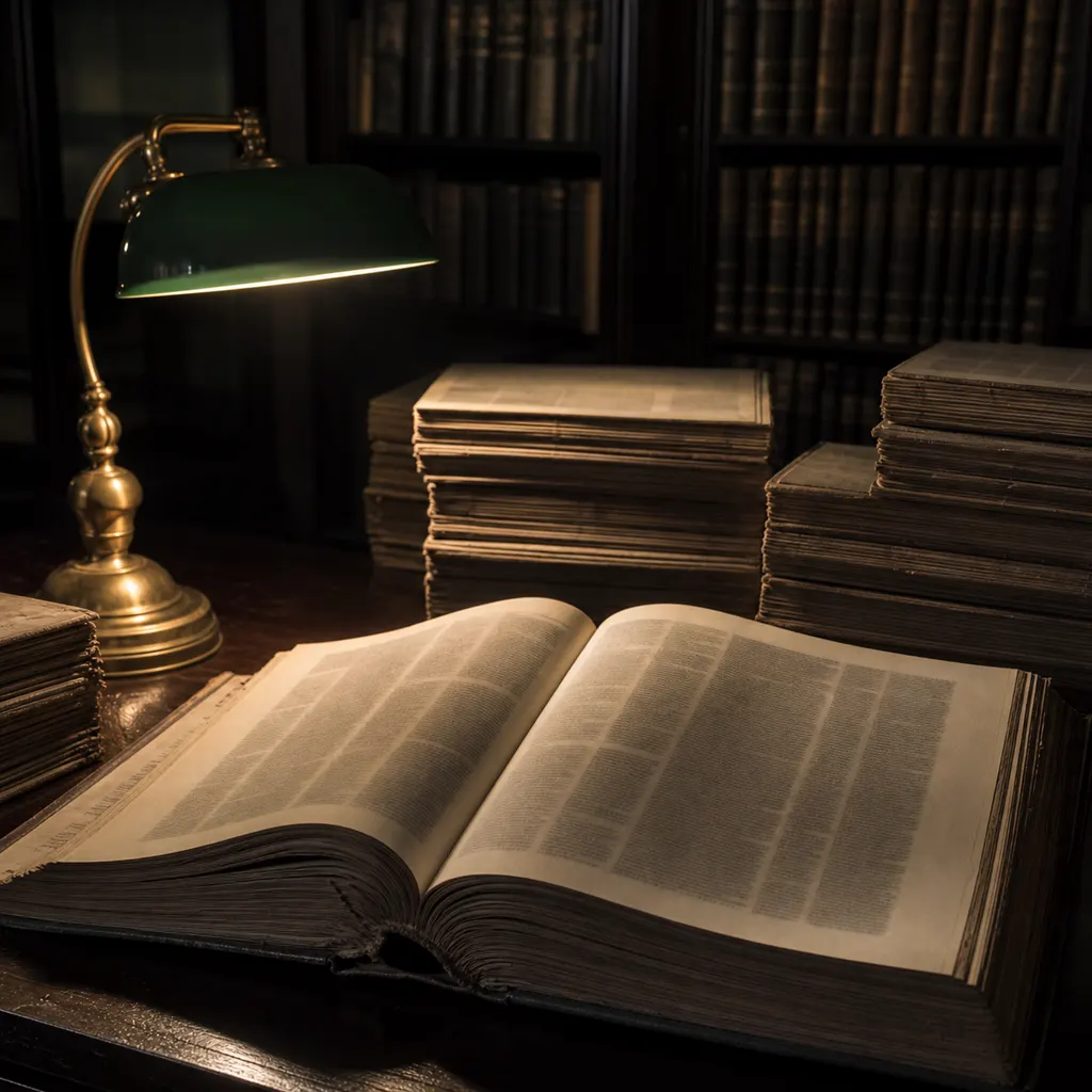 Stacked newspaper archives under a reading lamp, one front page turned face up