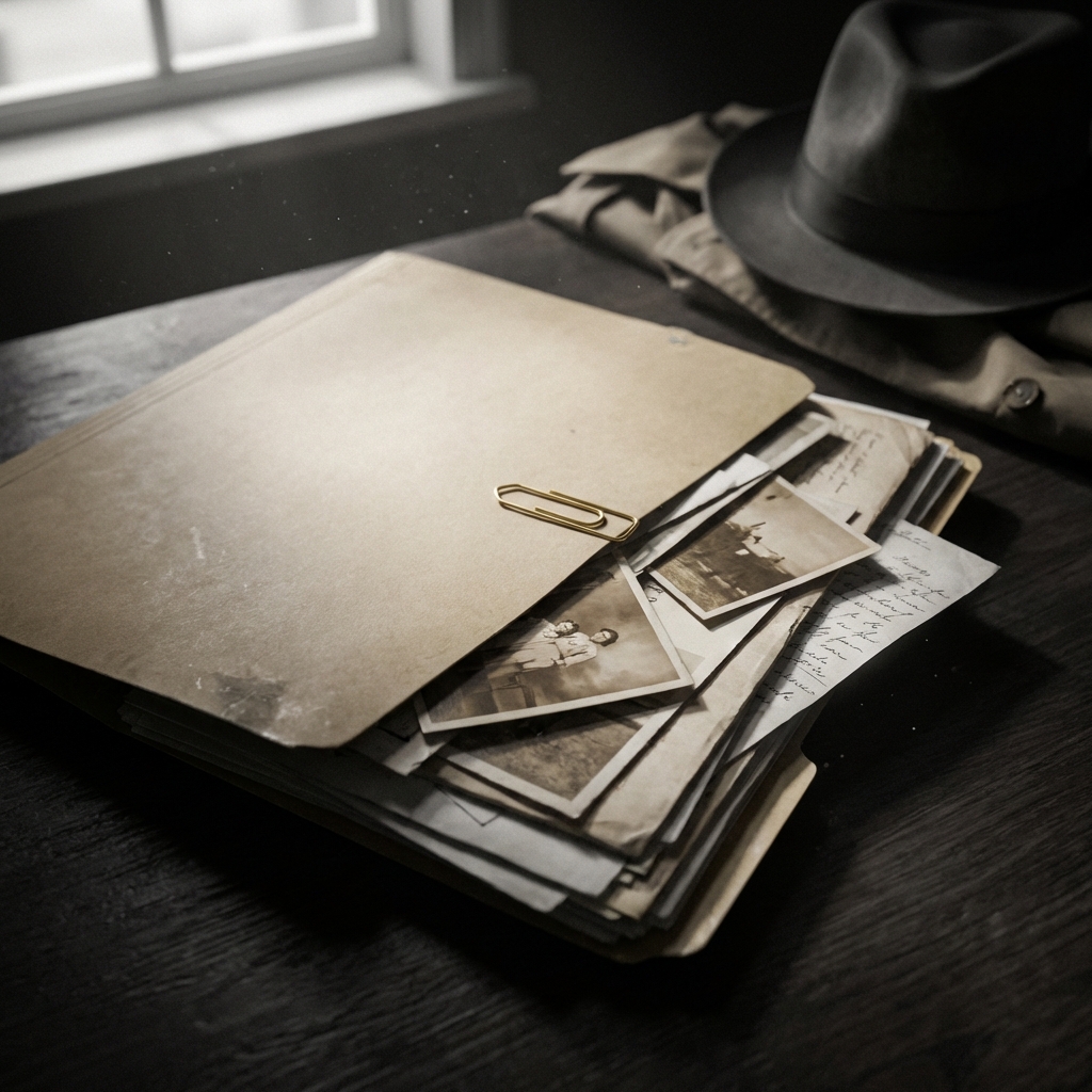 Open case file with marked evidence under gold desk light