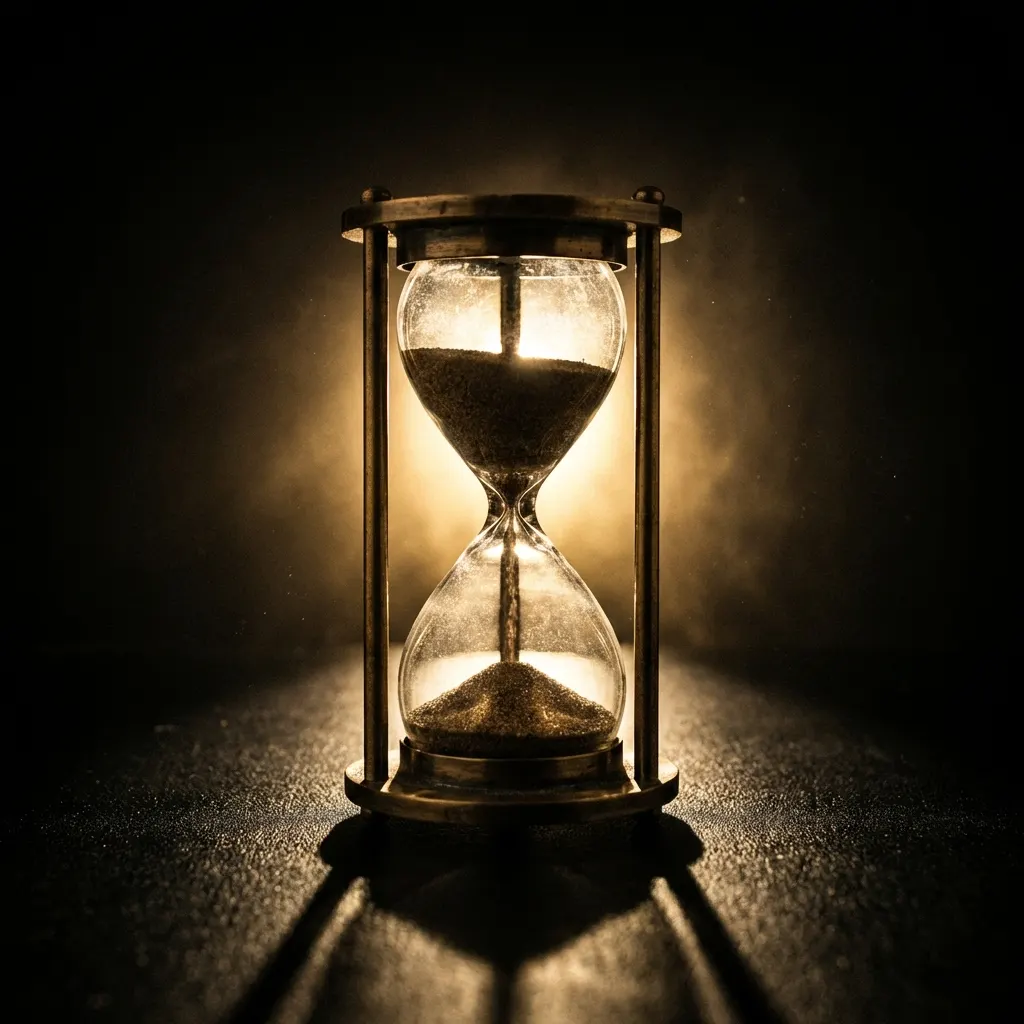 Hourglass beside case notes and evidence tags