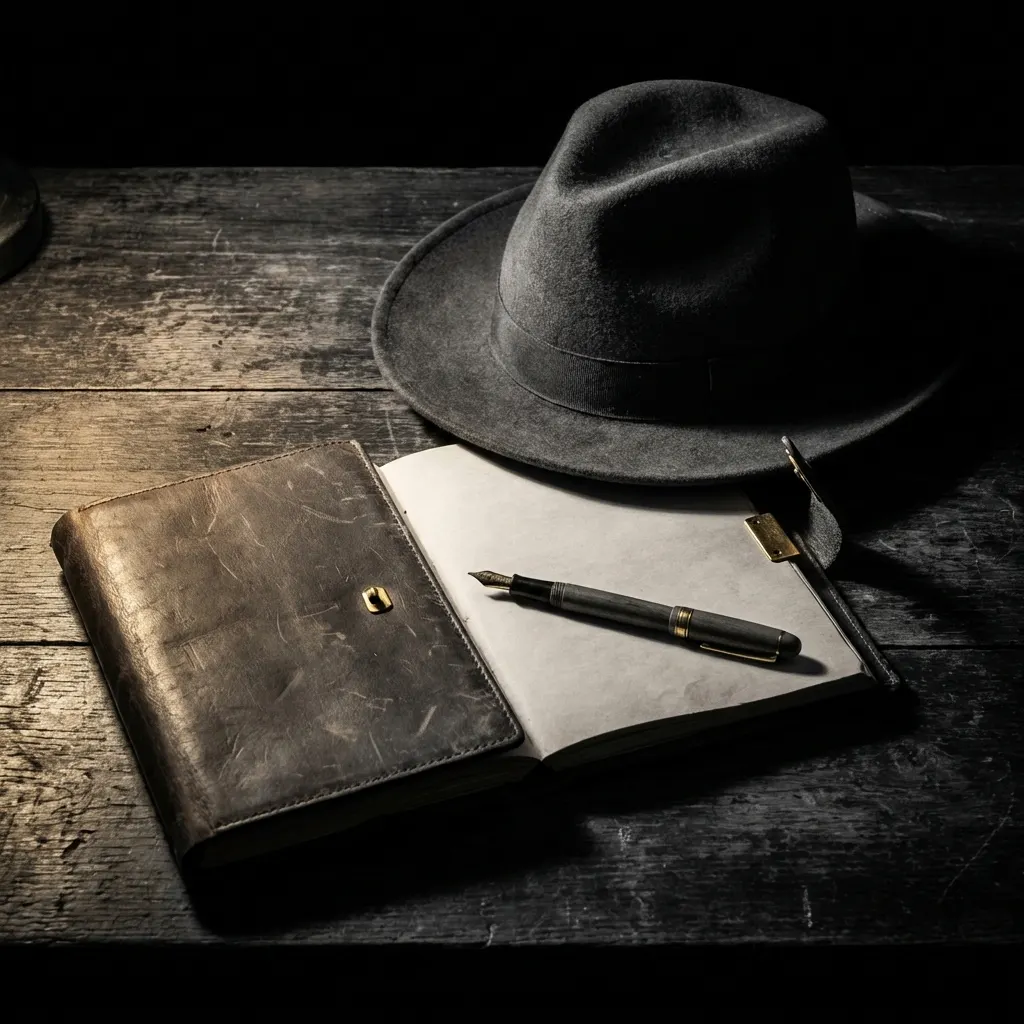 Magnifying glass, file folder, and pen under low light