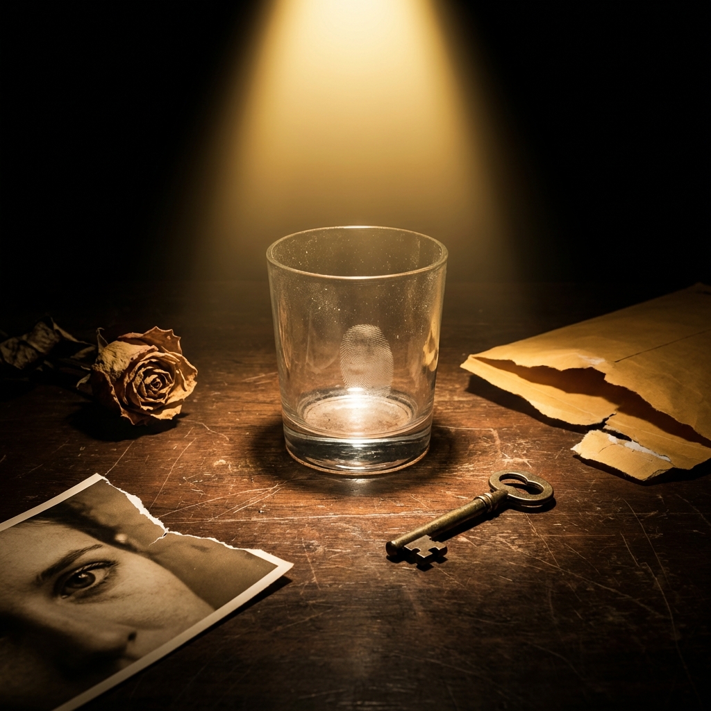 Scattered evidence and handwritten notes on a dark desk