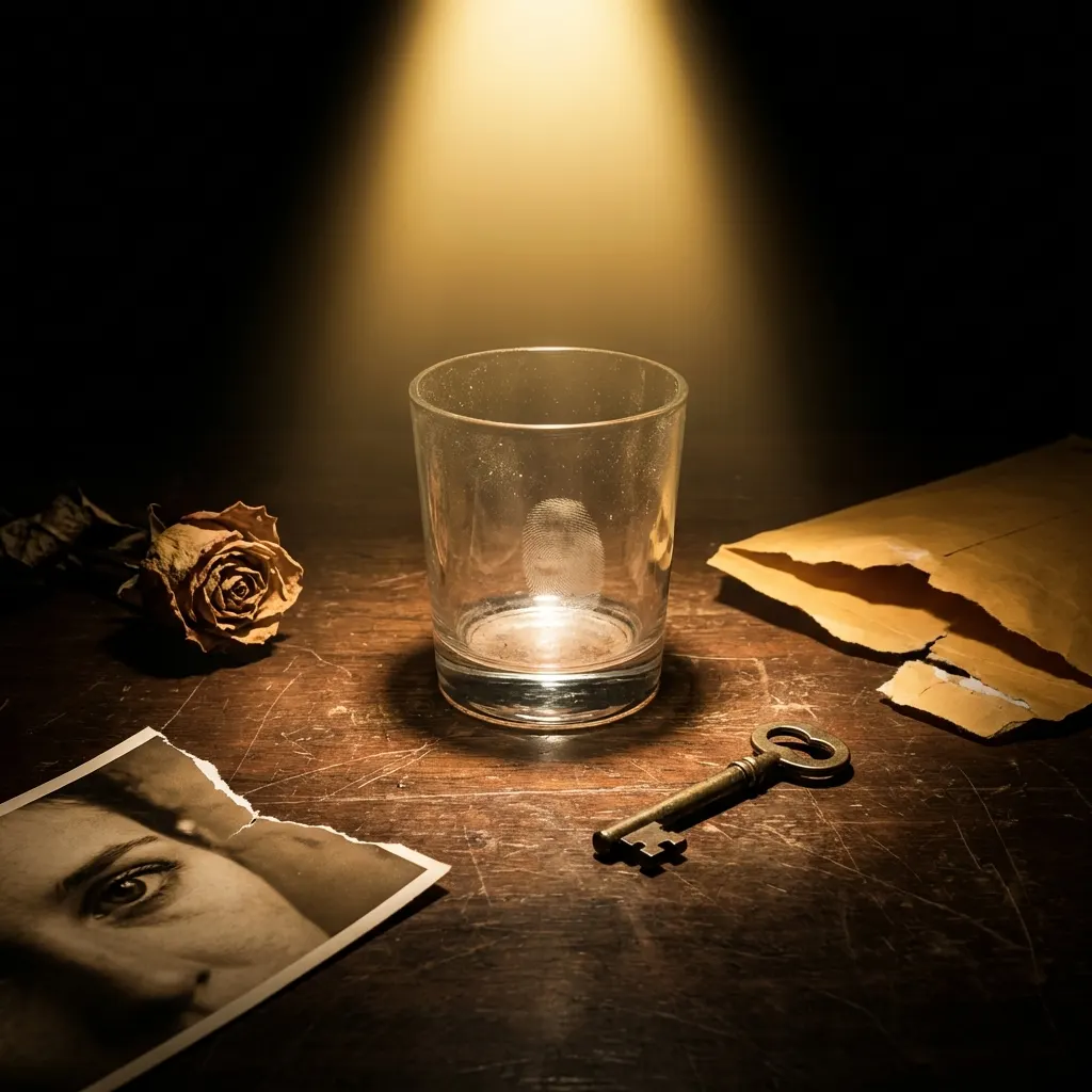 Scattered evidence and handwritten notes on a dark desk