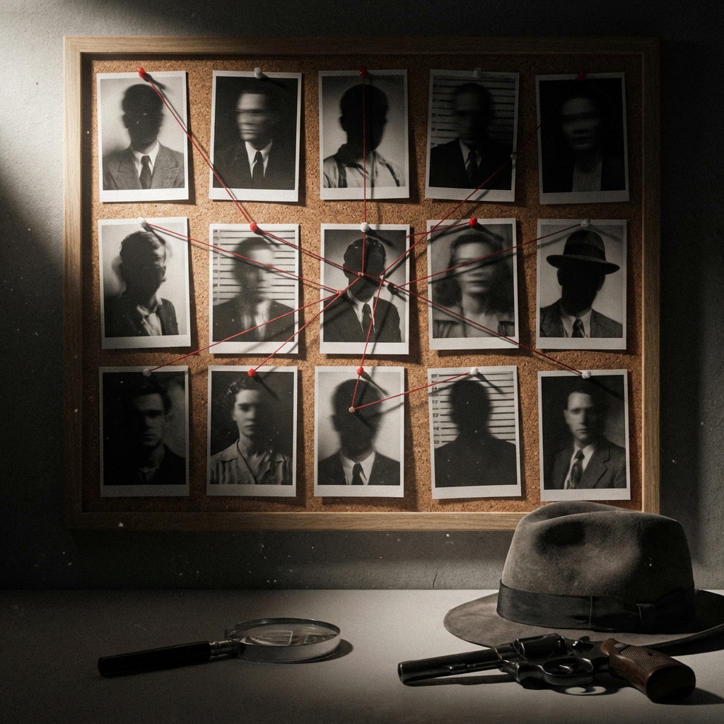 Connected suspect photos and threads on an evidence board