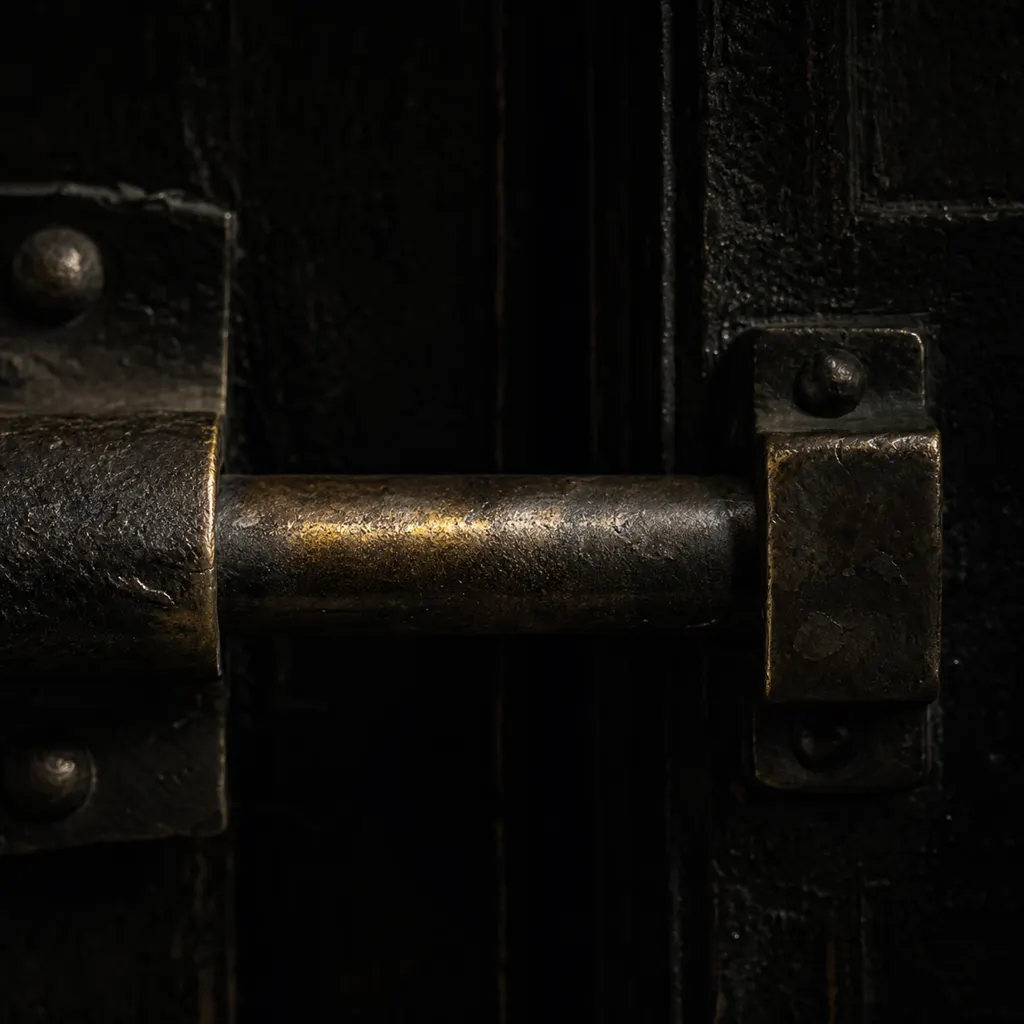 A heavy door bolt drawn across in low light, brass catching a single warm highlight