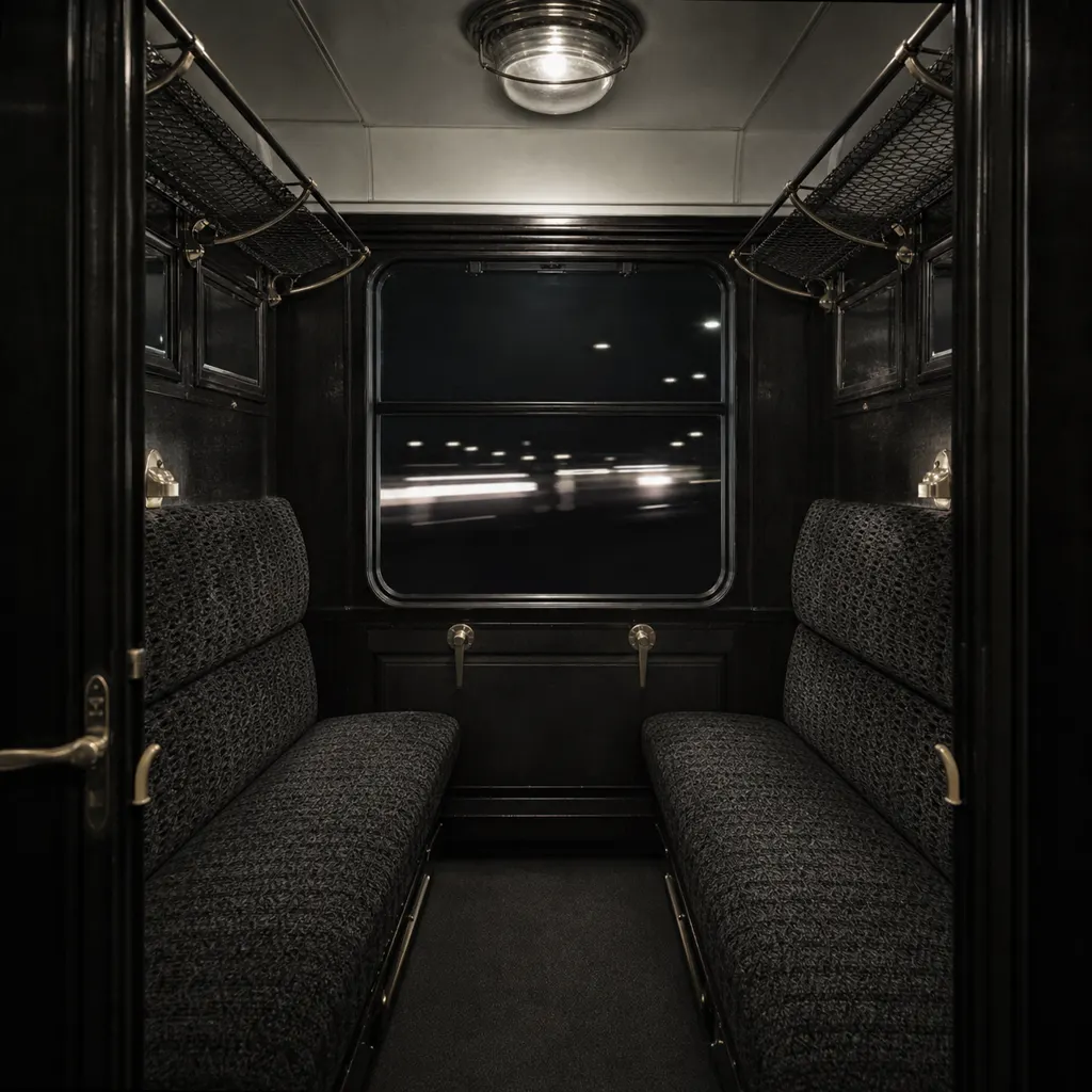 The interior of an empty vintage train compartment at night, upholstered seats lit from outside