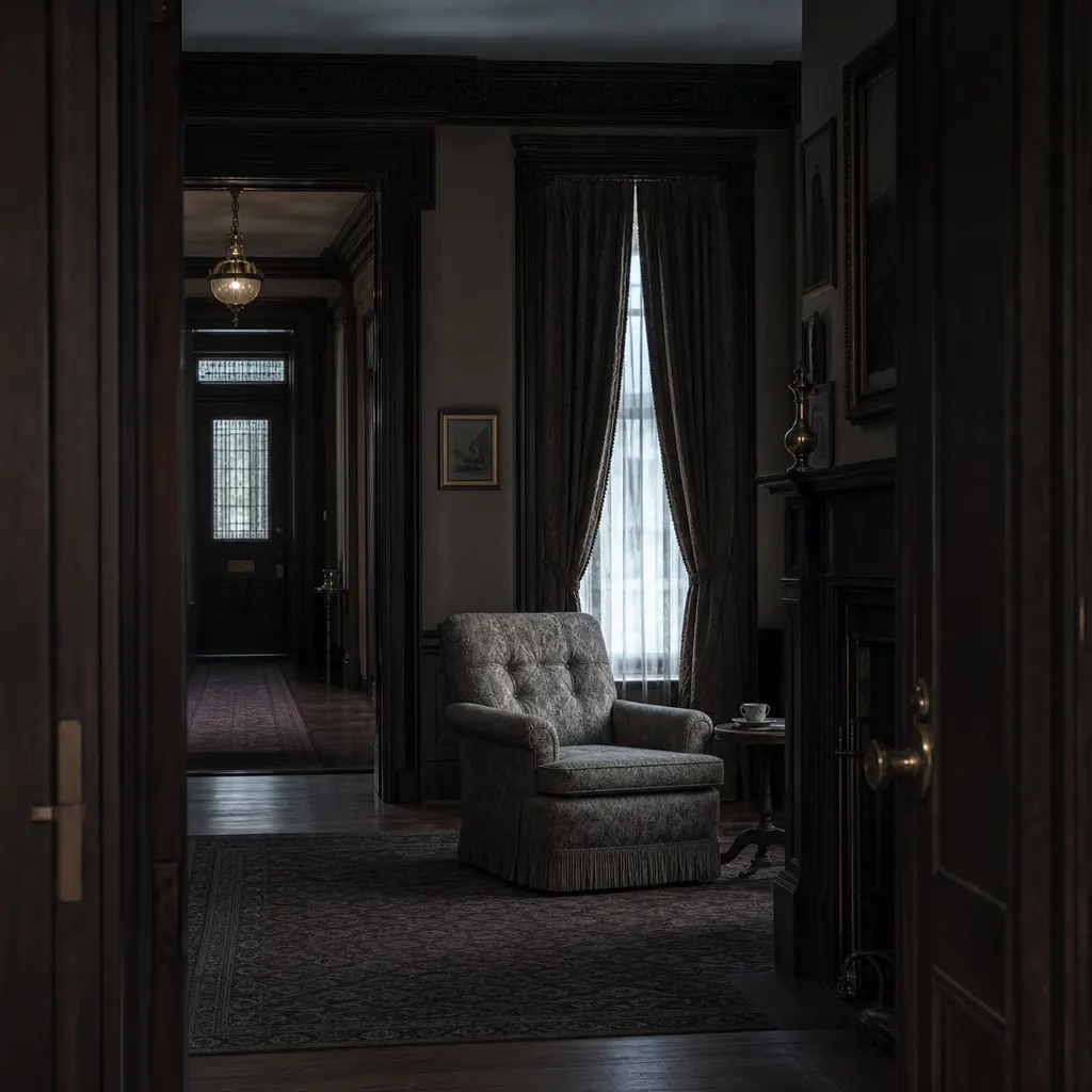 An empty sitting room in a 1920 Manhattan brownstone, seen through the doorway