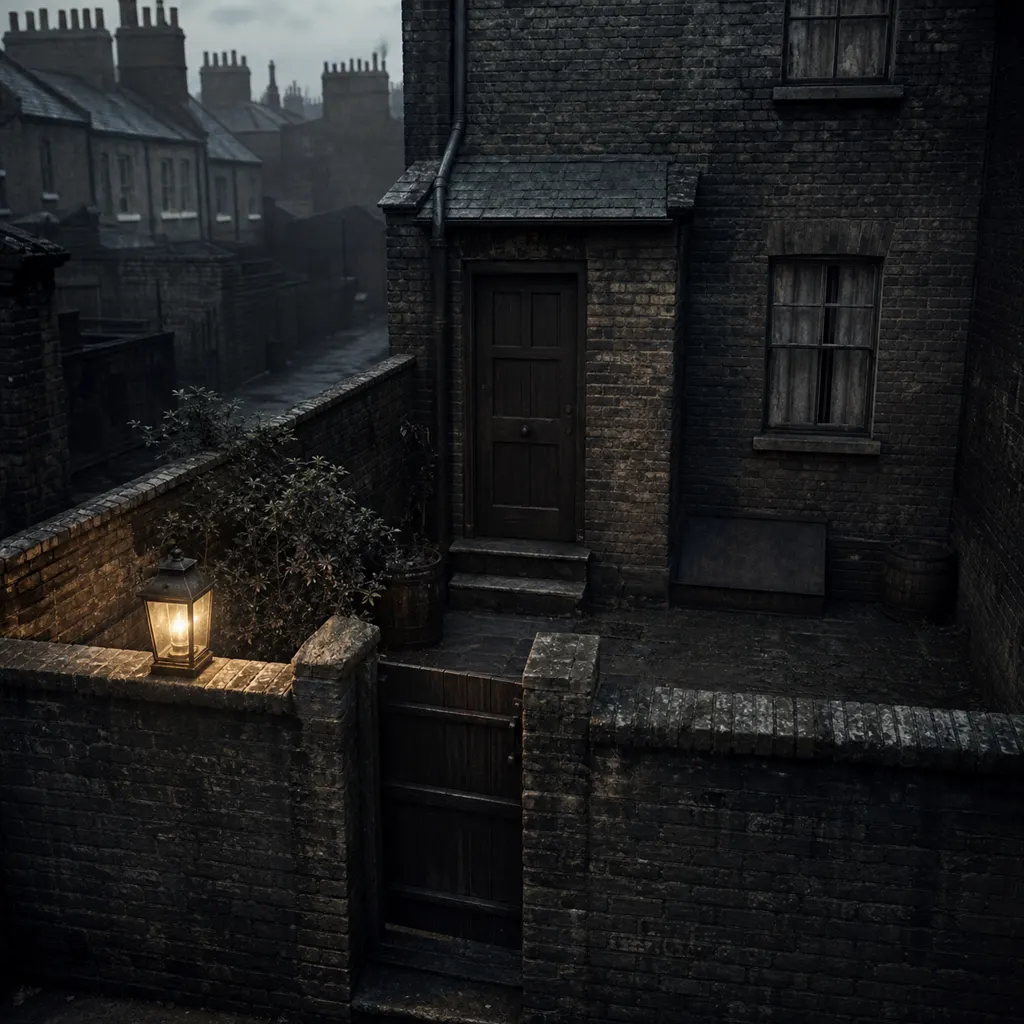 The enclosed rear yard of a Victorian London house, with a high brick wall and closed back door