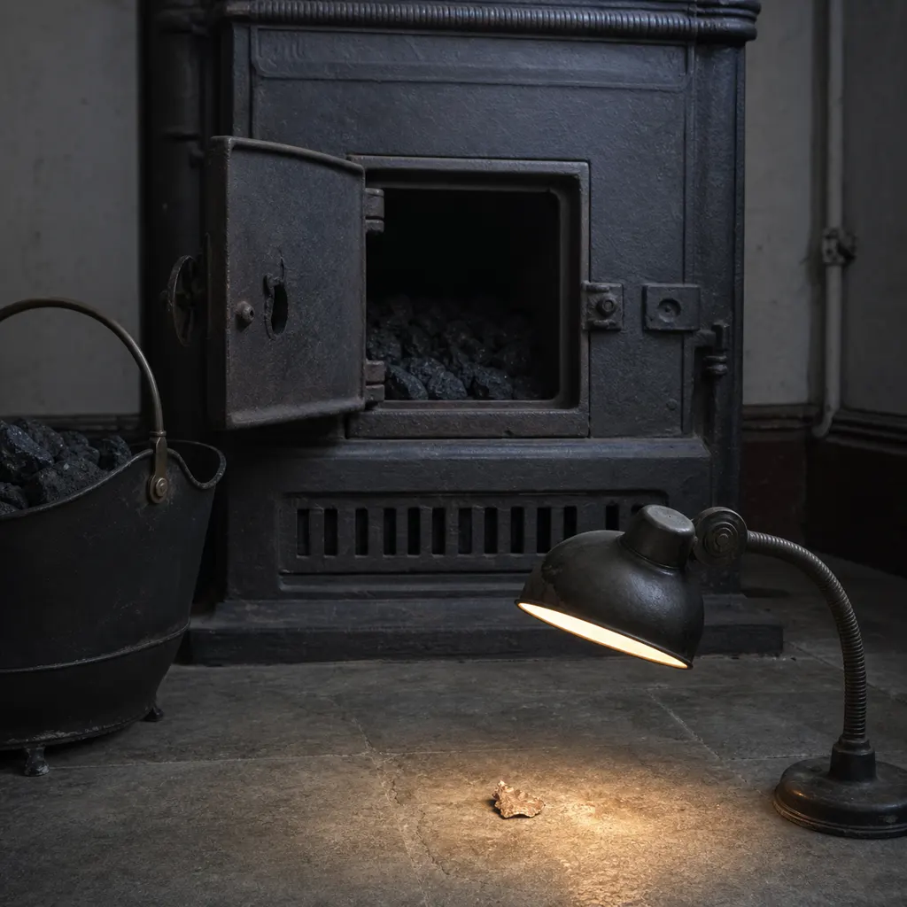 An open cast-iron coal furnace and a small copper fragment under an inspection lamp