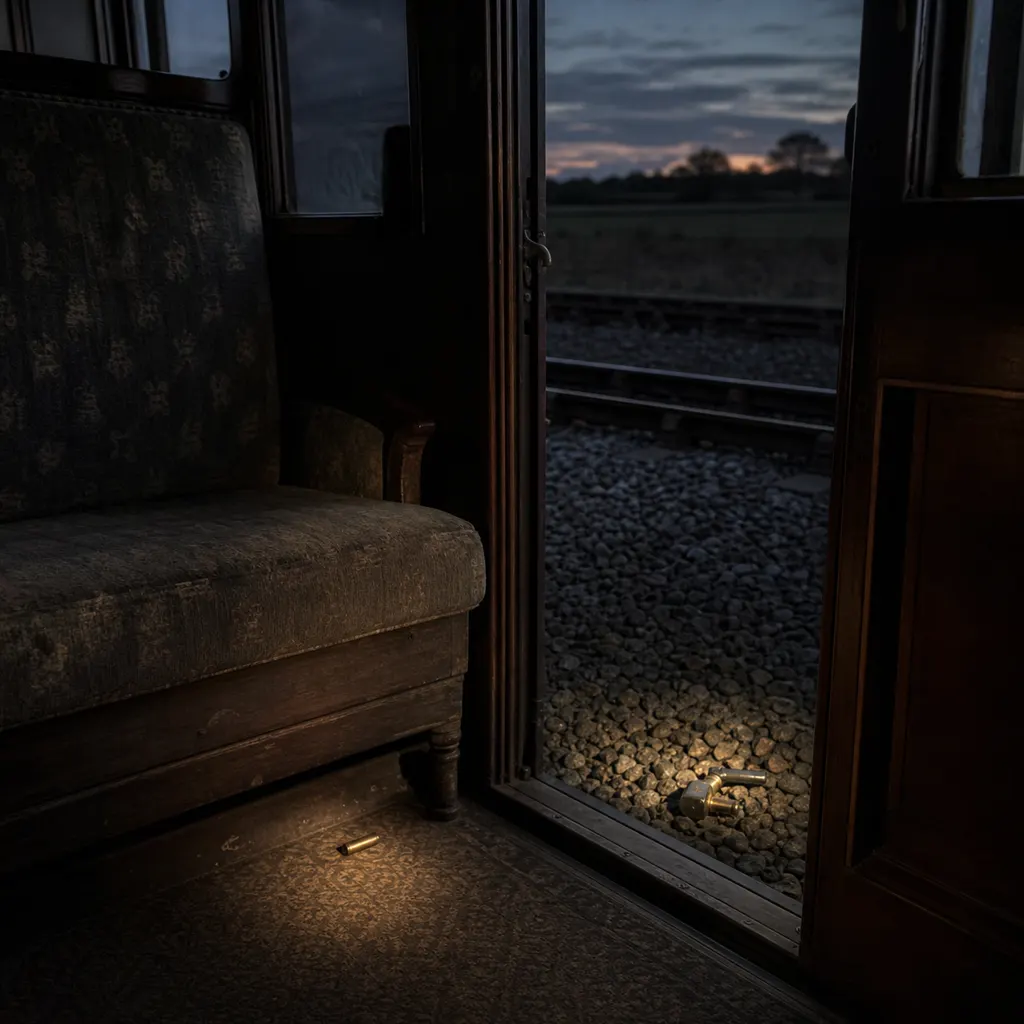 An empty 1930s railway compartment with an open door and a small metal device on the track ballast
