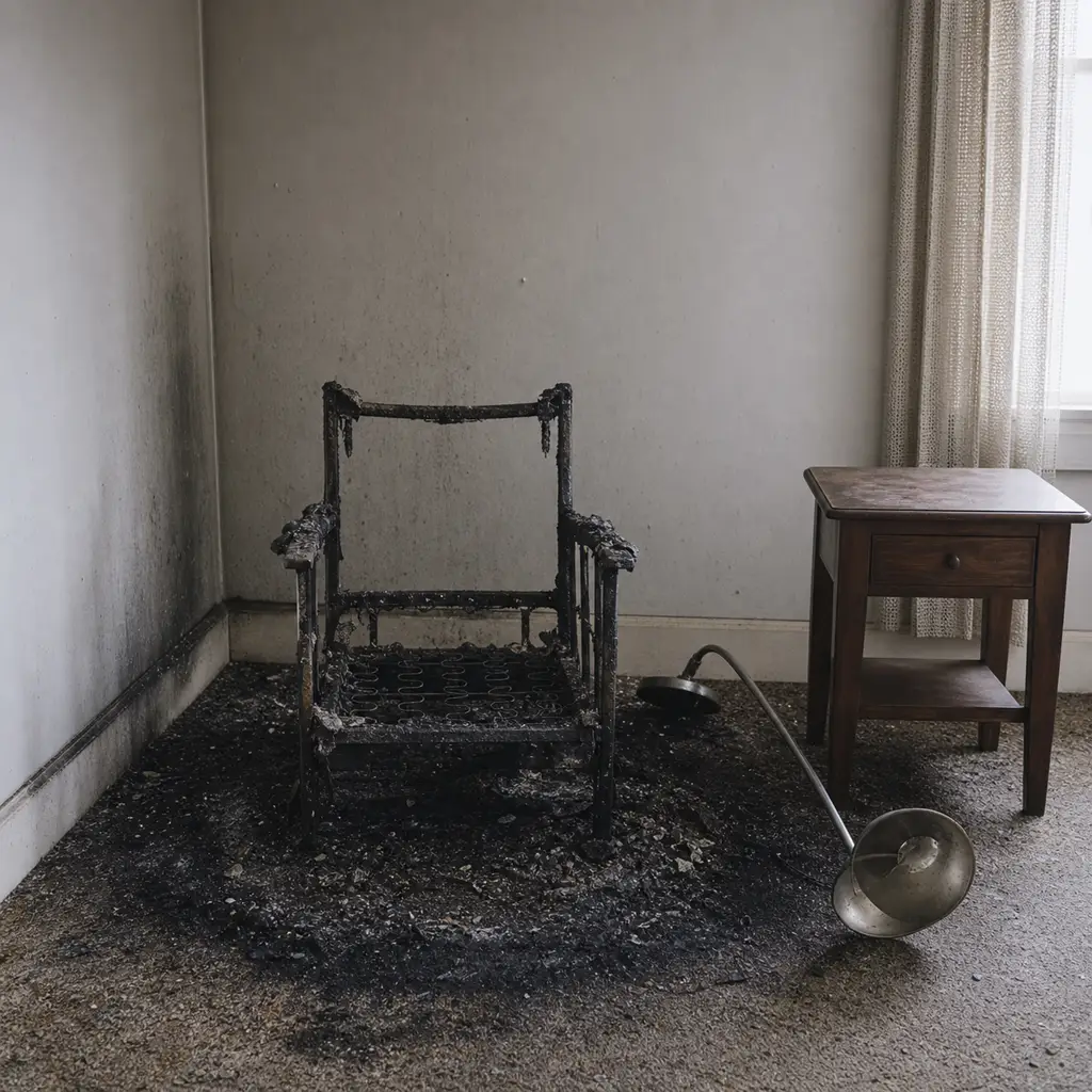 A fire-damaged armchair in an otherwise largely intact 1950s apartment room