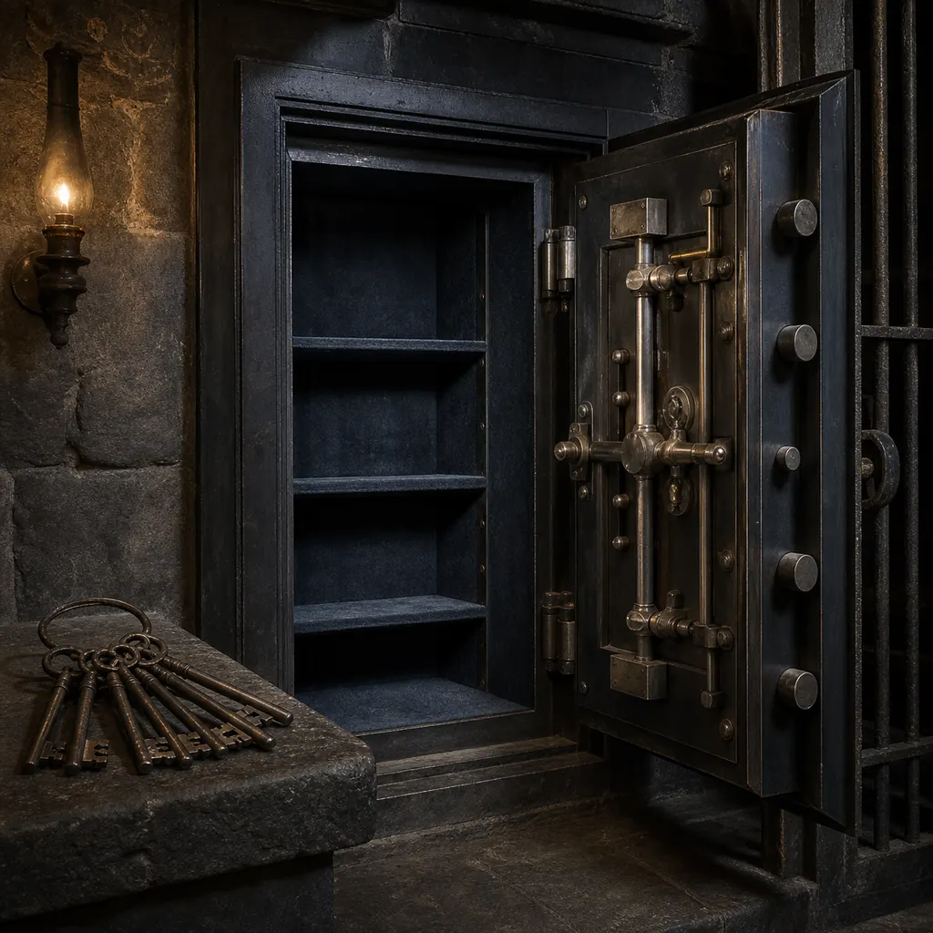 An open safe door in a dark vault, the lock mechanism intact and undamaged