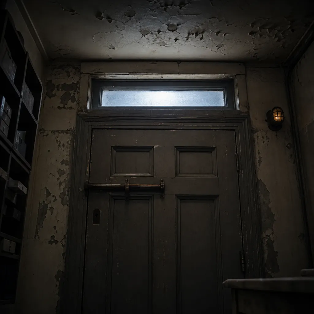 A transom window above a bolted door, faint light passing through the narrow opening