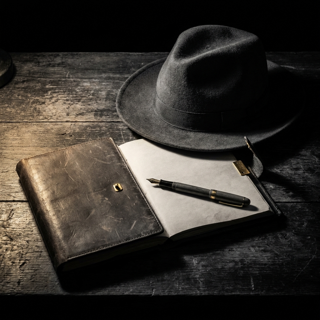 Fedora and notebook in shadow