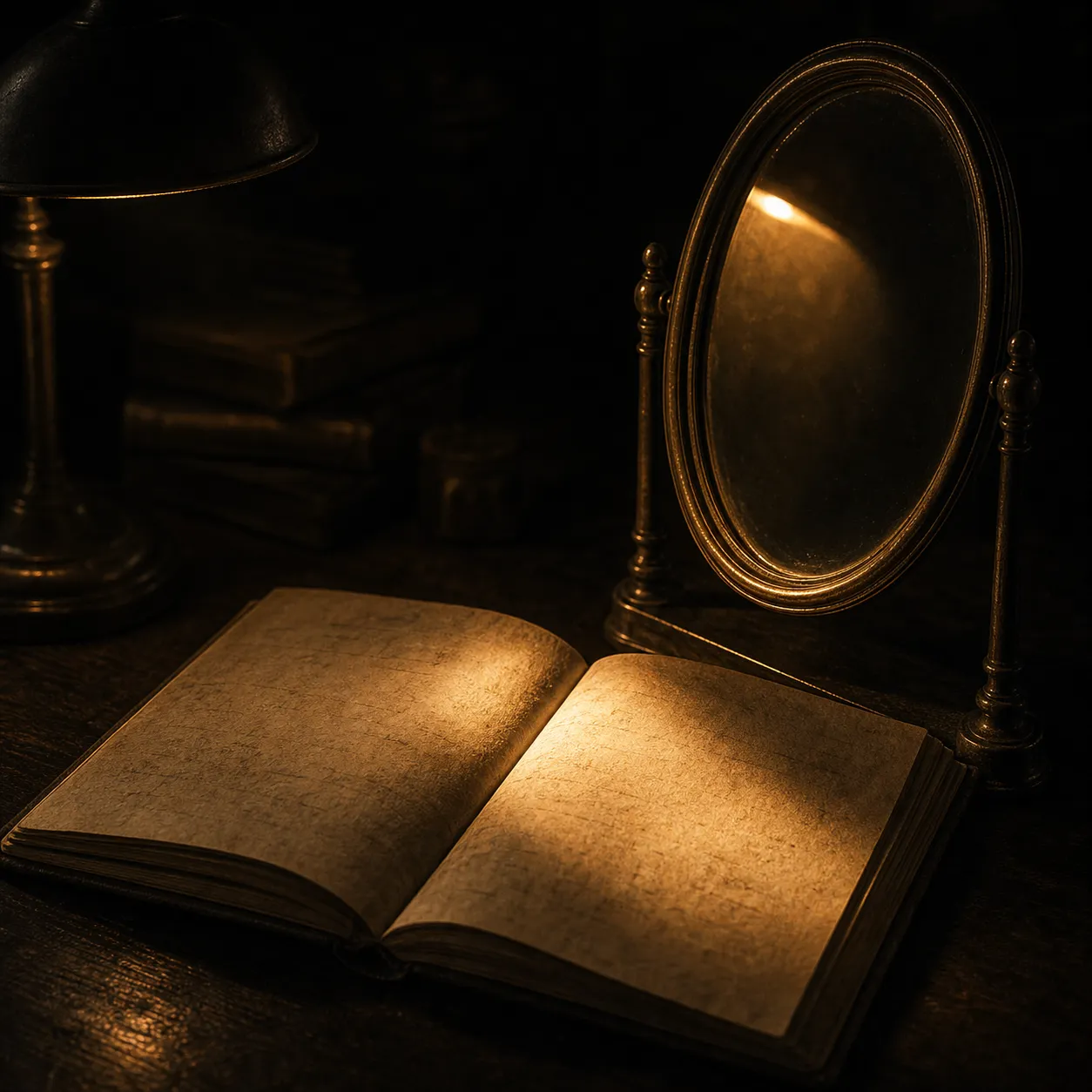 A mirror stood beside a plain open ledger under a single lamp