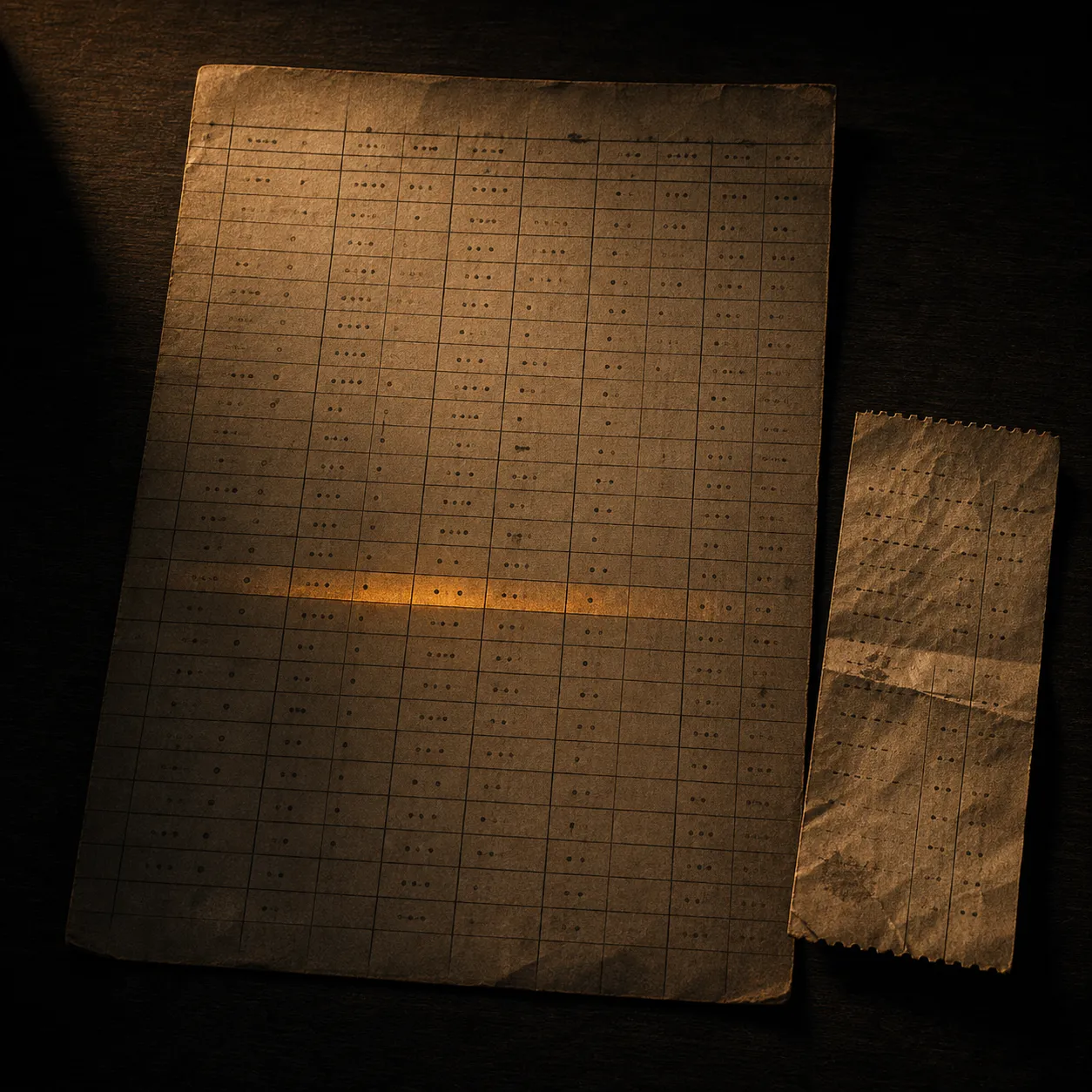 A mundane timetable and receipt on aged paper under a flat even lamp