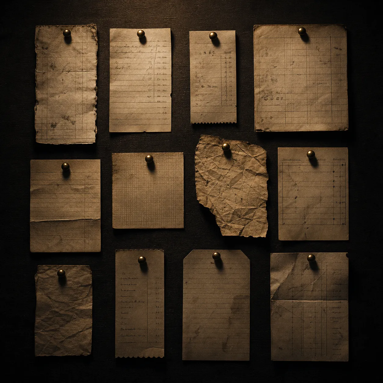 Honest paper receipts and handwritten notes pinned orderly on a dark board