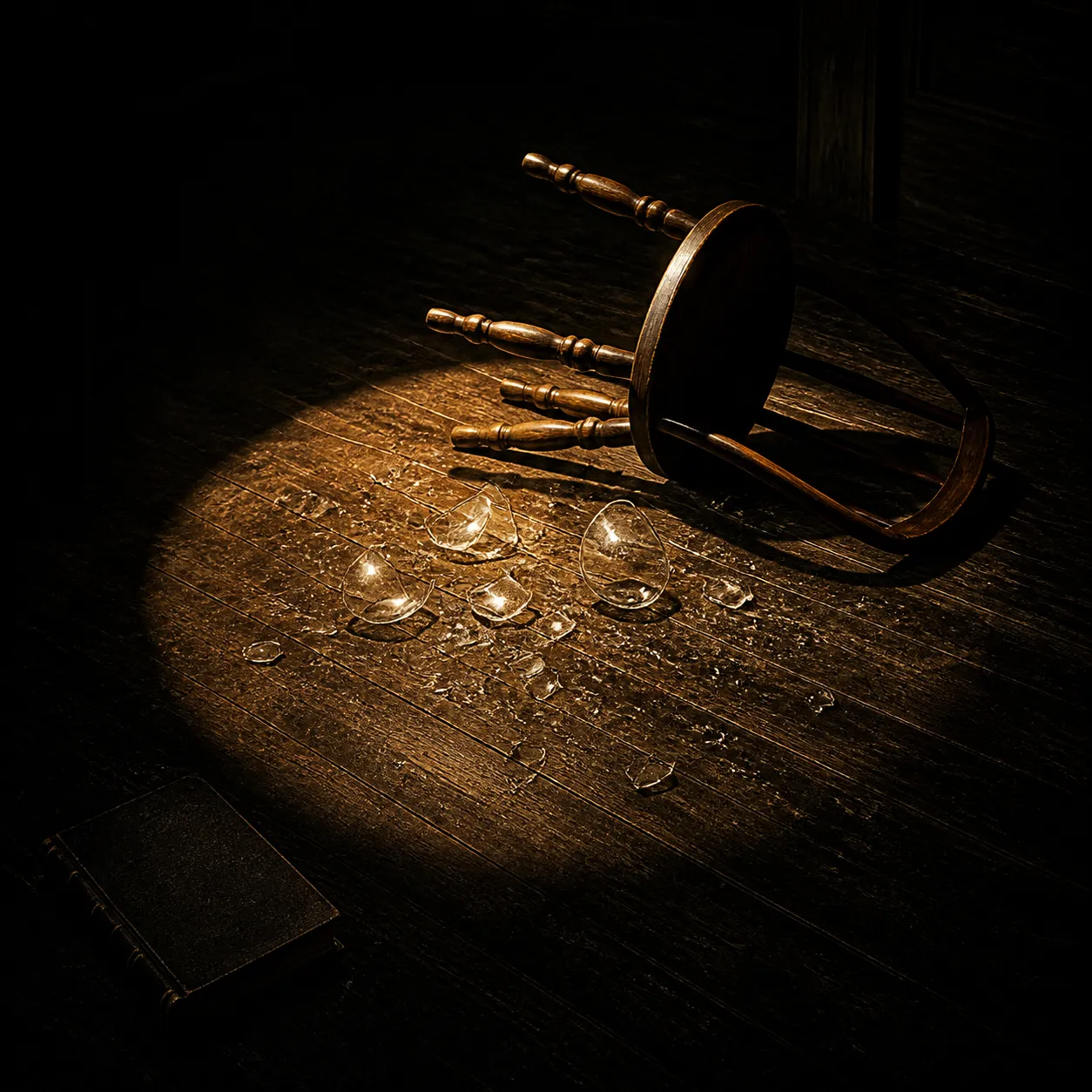 A shattered glass in a hard spotlight while a quiet ledger sits in shadow