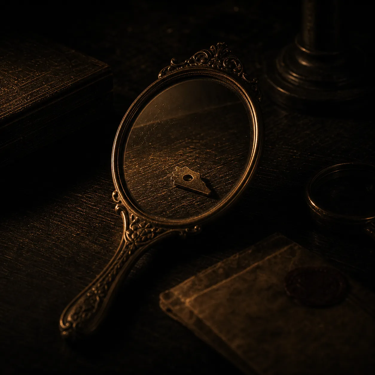 An antique hand mirror reflecting a missed clue caught in gold light