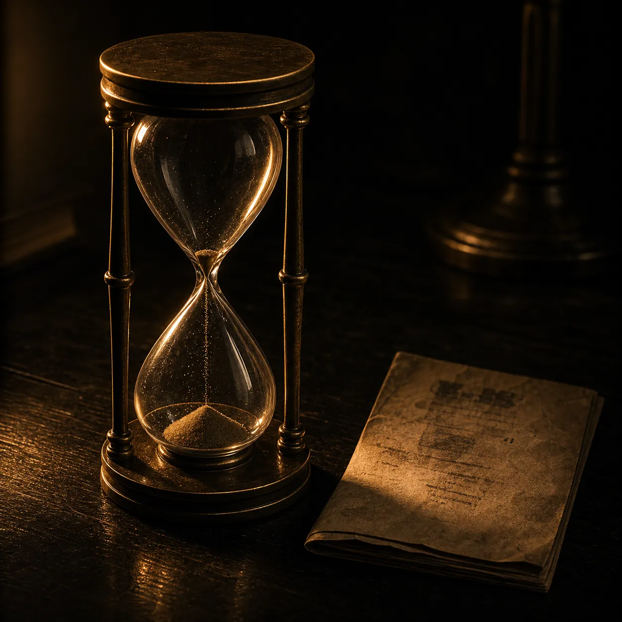 An hourglass with sand nearly run out beside a folded case note