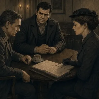 Three investigators reading a folder across a table.