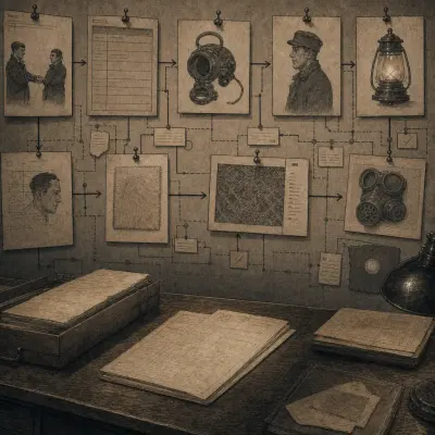 The chain of evidence, pinned out across a wall.