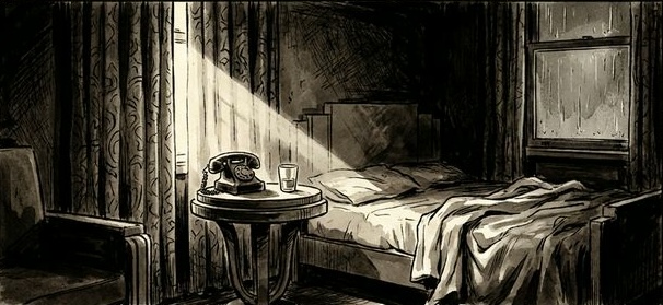 A dark 1930s hotel room with drawn shades — Room 1046