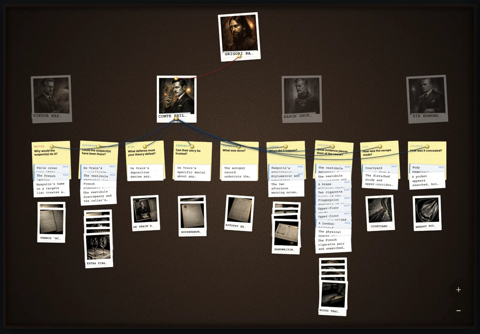 The evidence graph connecting clues on a Palladian case board