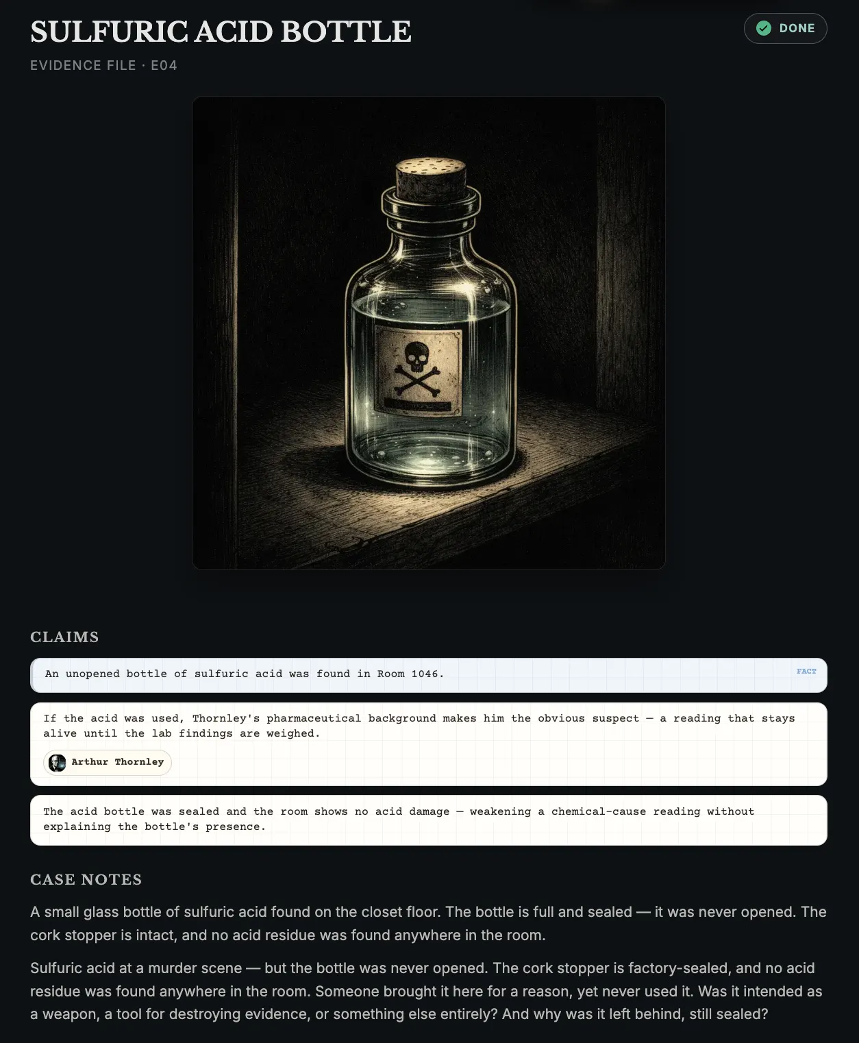 A sulfuric acid bottle evidence file in the Palladian casebook