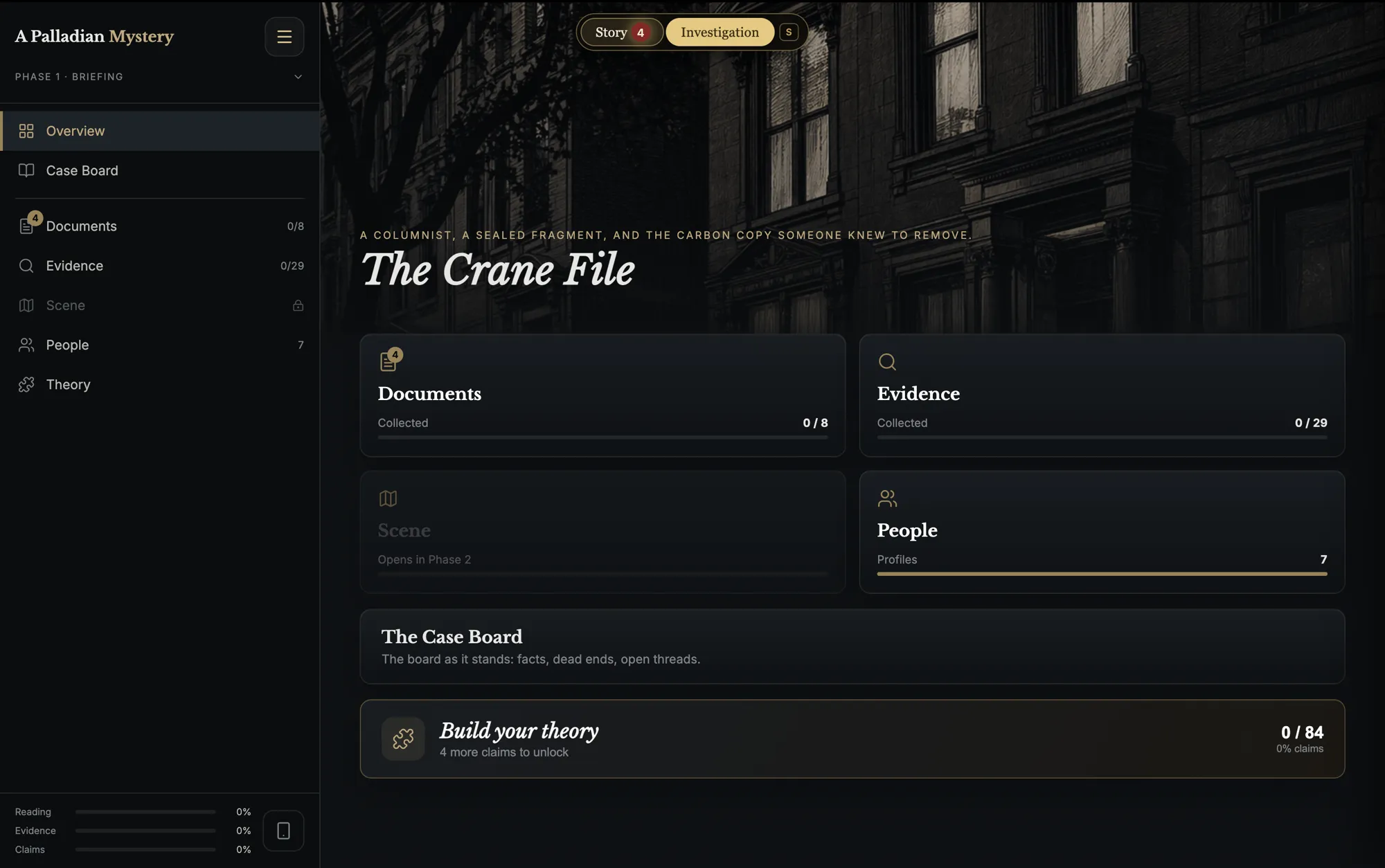 The Crane File case overview: documents, evidence, people and theory, with phase and progress tracking