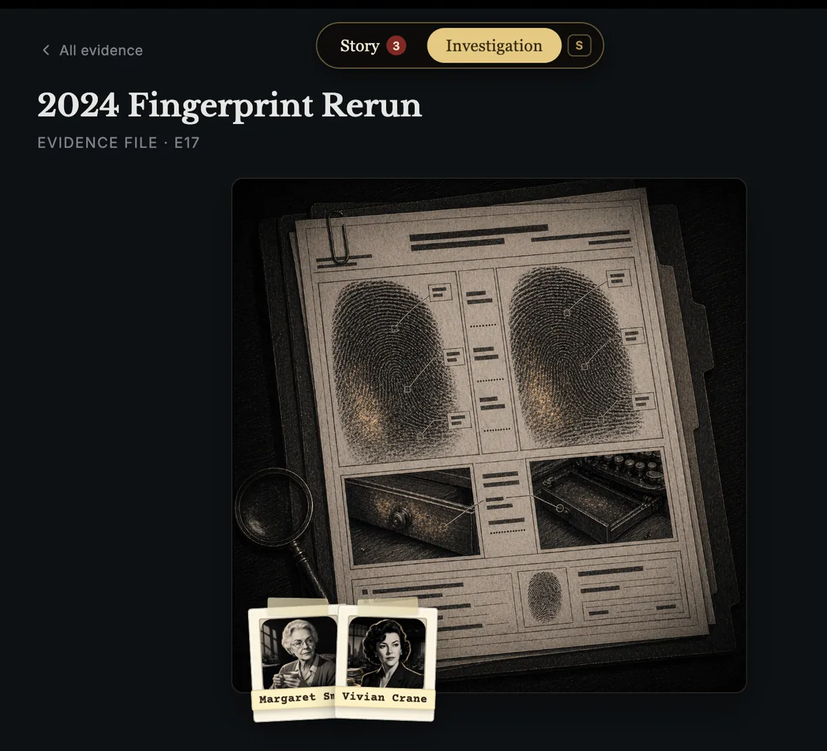 A fingerprint evidence file opened in the casebook